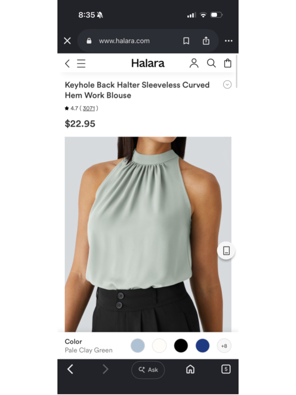 Women's Halara Sleeveless Halter Work Blouse XS Pale Clay Green